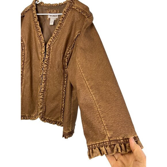 Womens Ruffle Jacket By AMI 3X Plus Faux Leather Lightweight GUC brown 8689 - Picture 3 of 7